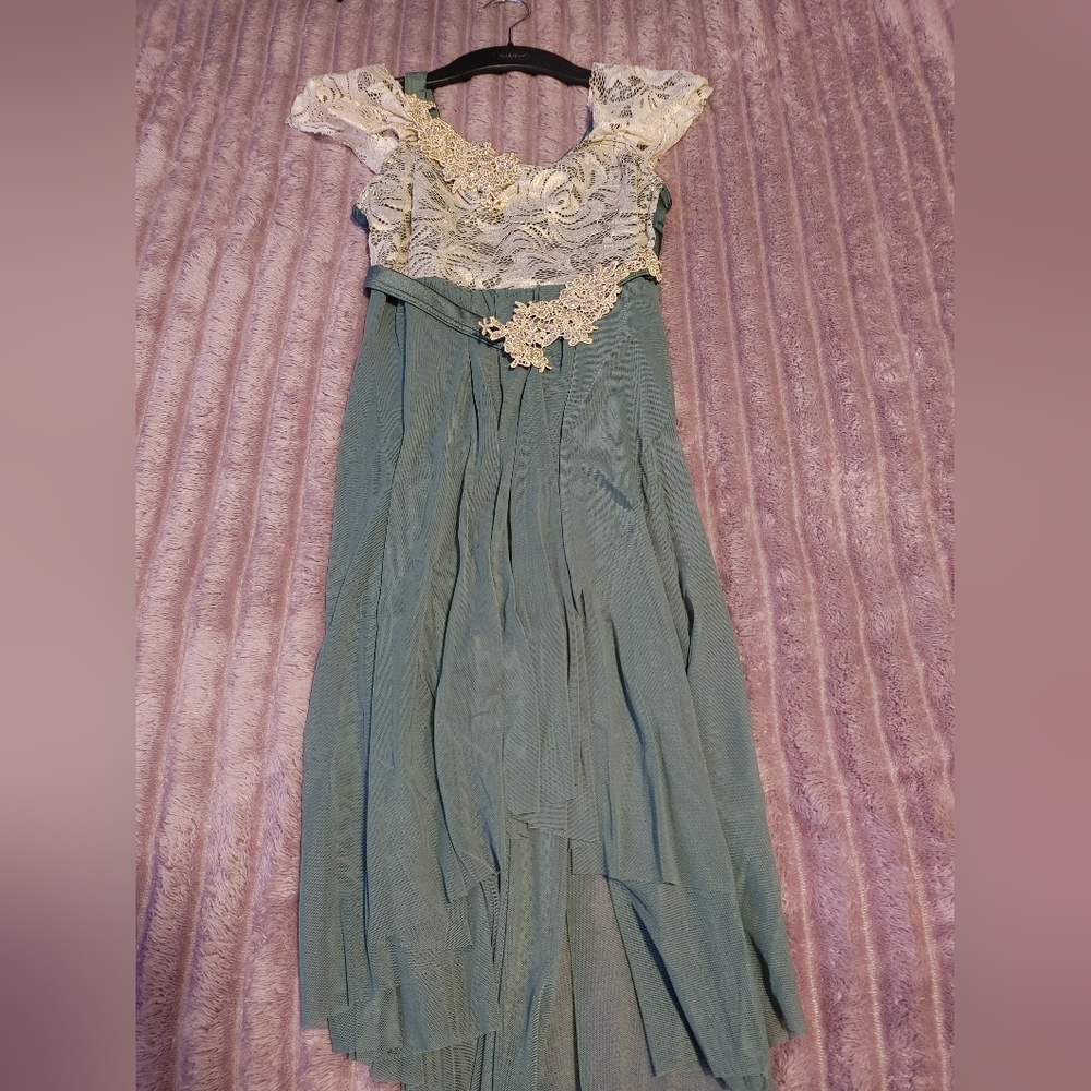 Sleeveless Lace Bodice Chiffon Gown in Sage Green and Cream